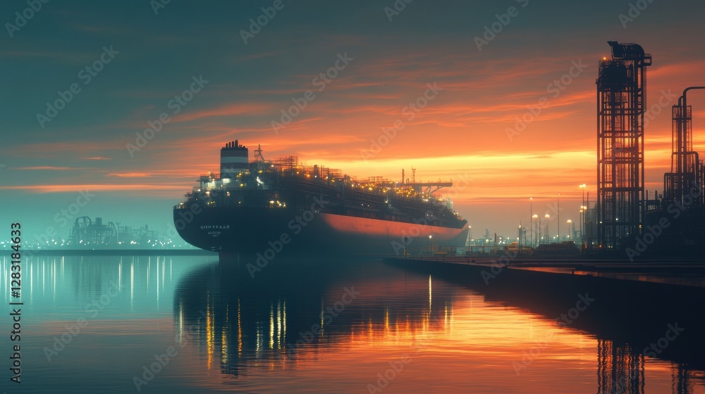 Poster massive lng transport ship docked at industrial port during sunset adding vibrant colors to the skyl