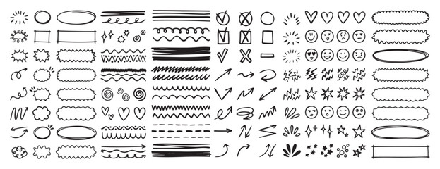 doodle underline emphasis scribble elements line hand drawn set. doodle brush shapes stroke highlight sparkle and arrow elements. childish drawing kids style.