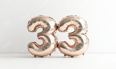 Rose gold 33 balloons against white wall for birthday celebrations