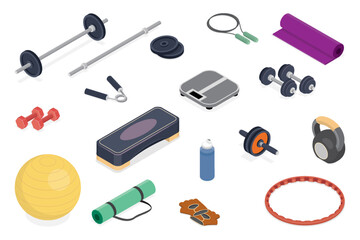 Sport equipment vector illustration. Gym and fitness stuff set. Workout accessories, objects in flat isometric style.