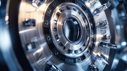 A detailed shot of a metal machine with intricate details and mechanical parts