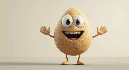 Joyful Beige Textured Egg Cartoon Character with Tiny Arms and Legs