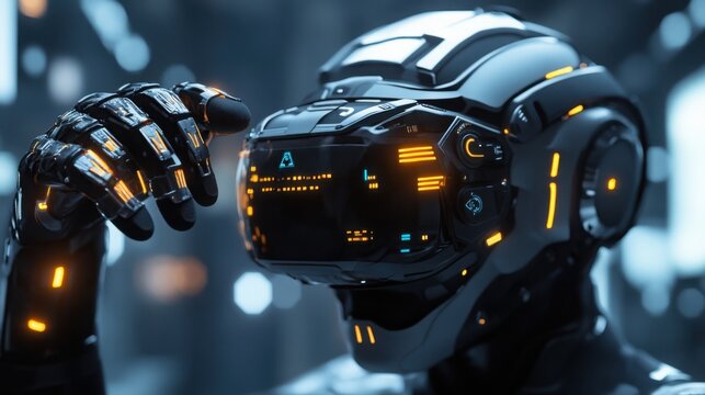 Futuristic Robot Wearing VR Helmet in Dark City Setting