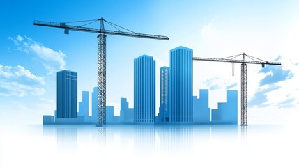 Fototapeta premium Modern city skyline with construction cranes against a blue sky.