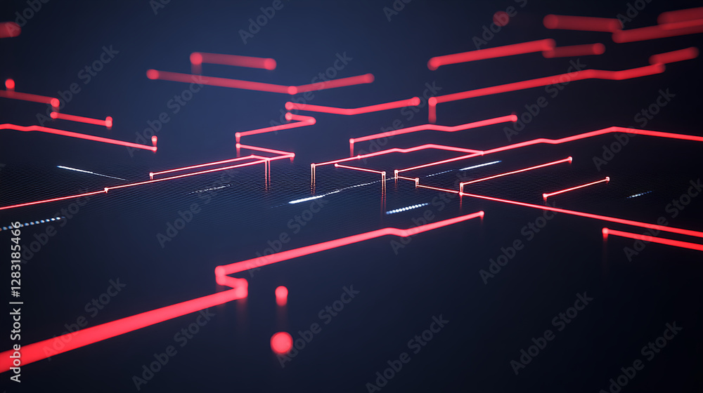 Fototapete Dynamic red circuit patterns digital space abstract animation futuristic environment close-up viewpoint technology concept