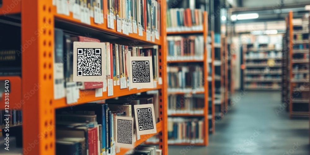 Poster a library filled with lots of books, accompanied by a qr code on the shelf