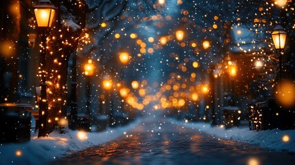 Naklejka premium Snowfall on a charming street at night, illuminated by warm streetlights and festive lights.
