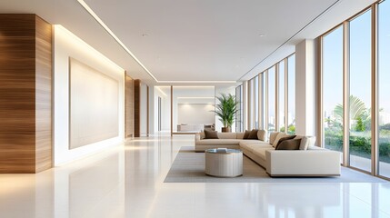 Fototapeta premium A spacious, modern living room featuring large windows, minimalist furniture, and a neutral color palette for a bright, airy atmosphere.