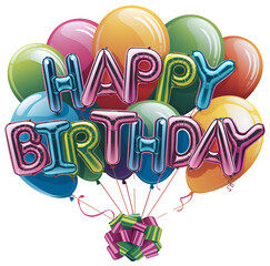 A birthday present is attached to a balloon, and the balloons of various colors have 'Happy Birthday' written on them.