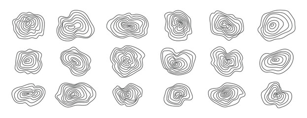 Organic textures of mountains set topographic lines. Abstract wooden round shapes. Vector scribbles