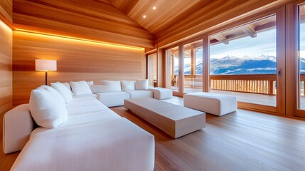 Naklejka premium A modern, wooden interior featuring a spacious, minimalist lounge area with white sofas and large windows overlooking a scenic mountain view.