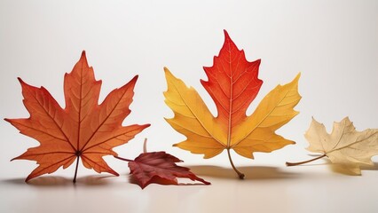 "Close-up Photo of Five Different Orange and Yellow Autumn Leaves, Isolated on a Transparent Panoramic Background, Fall Season, PNG File"