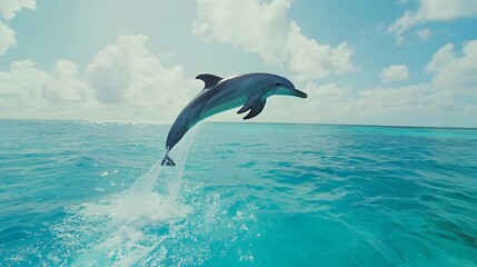 Fototapeta premium Dolphin gracefully leaps out of vibrant turquoise waters under a bright blue sky with fluffy clouds