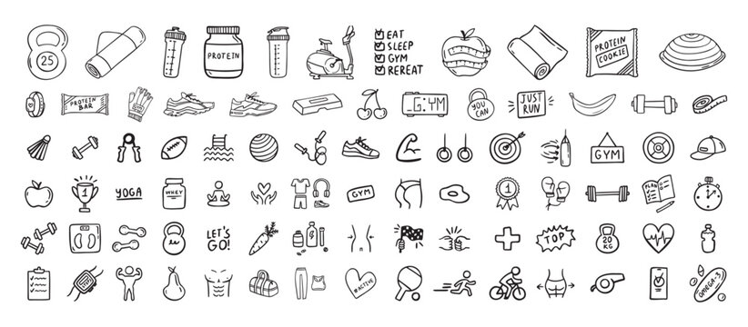 Fitness, sport and health icons doodle hand drawn set. Healthy lifestyle isolated symbols