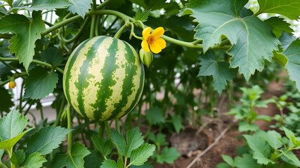 A small, striped watermelon hangs from a vine, accompanied by a bright yellow flower