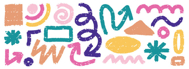 Hand drawn organic grunge bold shapes, curved lines and dots vector set. Geometric set in Memphis style. Grunge swirled brush stroke, curly and straight lines.