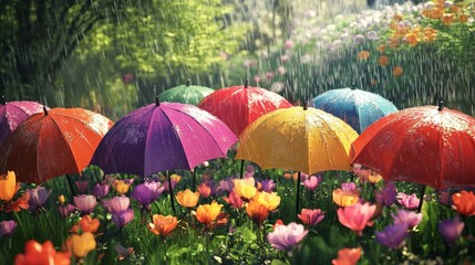 Obraz premium A spring rain shower with vibrant umbrellas creating a splash of color against a blooming garden,