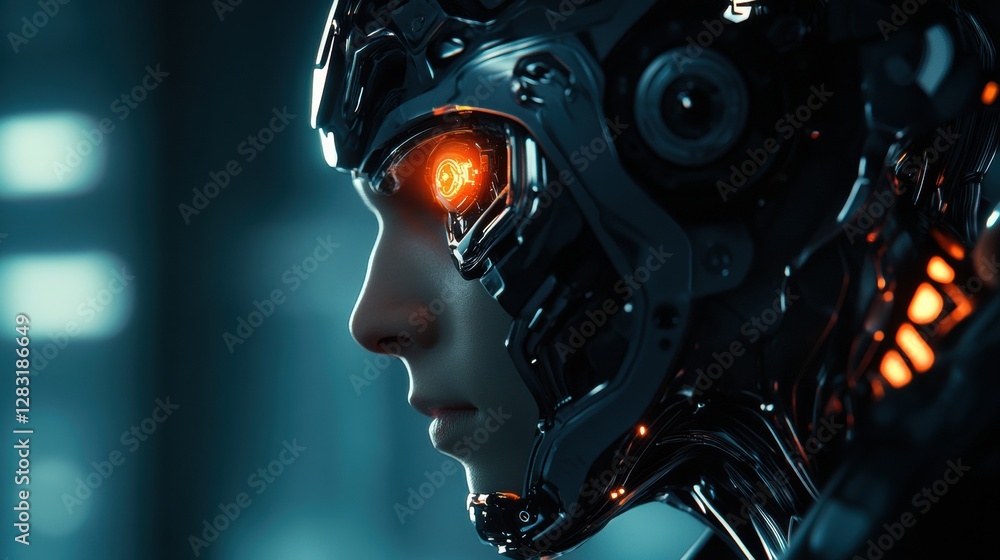 Poster Detailed side profile showcasing a human head with mechanical components and a glowing robotic eye in a futuristic setting. Generative AI