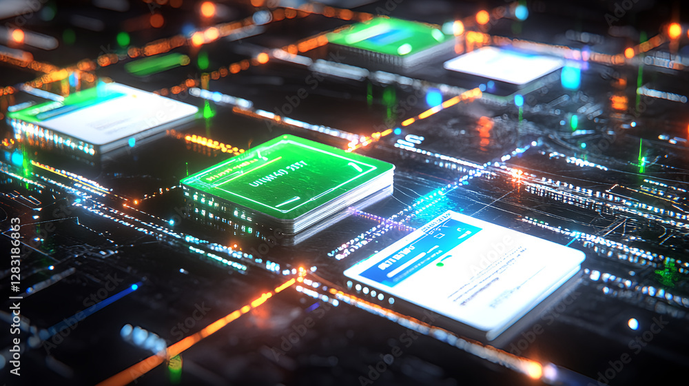 Poster digital data exchange event virtual network graphics display futuristic environment aerial view tech