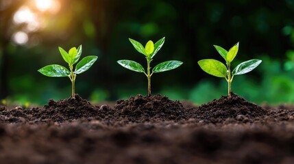 Fototapeta premium Three seedlings growing in rich soil, sunrise background; environmental conservation