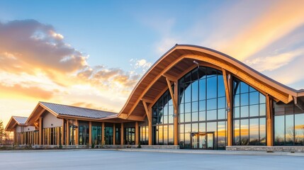 Obraz premium Modern Wooden Building Sunset Reflection Architecture Design