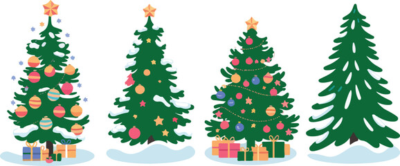 Festive Christmas Trees with Ornaments and Presents