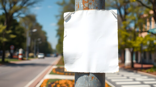 A blank, white sheet of paper is taped to a weathered metal pole in an outdoor setting