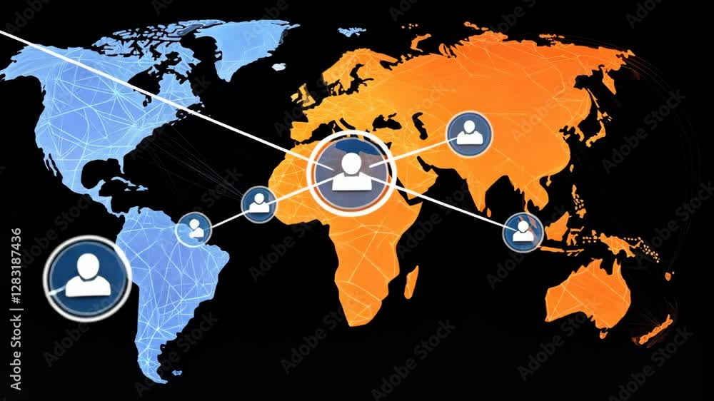 Poster digital world map with network connections global communication, connectivity, and user icons across