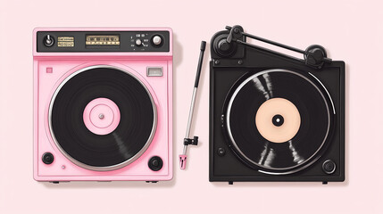 Fototapeta premium Vintage vinyl records playing on retro turntables home studio digital art cozy atmosphere overhead view music nostalgia