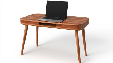 Fototapeta premium Modern Wooden Desk with Laptop on White Background