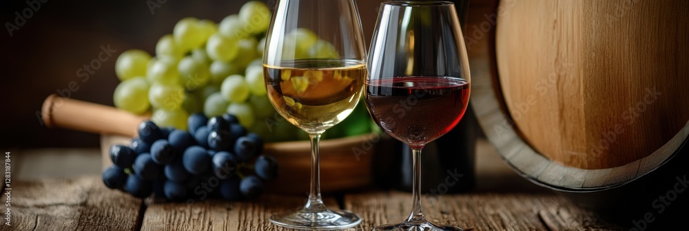 Poster beautiful arrangement of white and red wine glasses with grapes and a wooden barrel in an inviting s