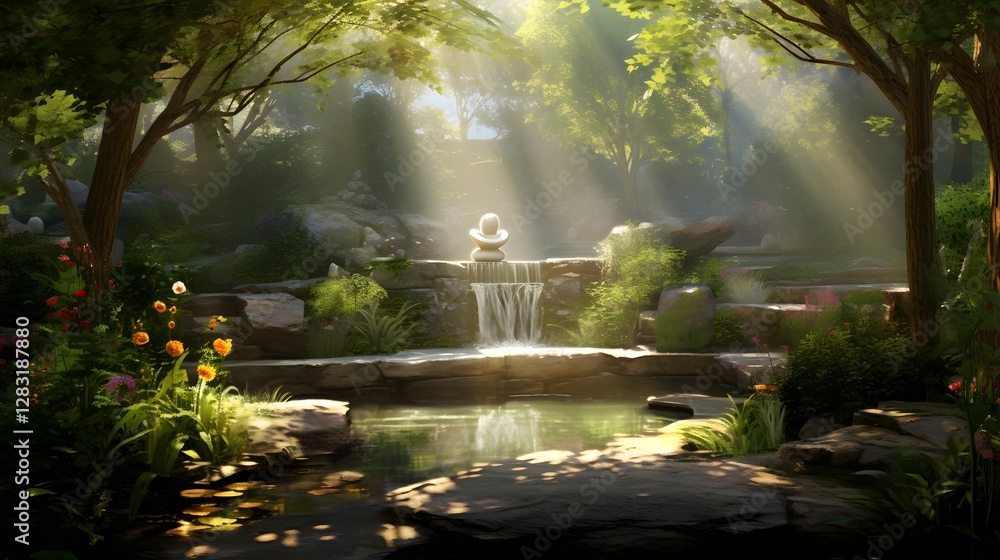 Poster peaceful outdoor meditation session in a tranquil garden setting with soft sunlight filtering throug