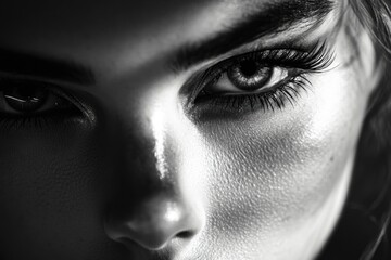 A close-up photo of a woman's eyes in black and white, great for representing intimacy or simplicity