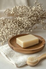 Natural Soap and Spa Essentials on Wooden Dish