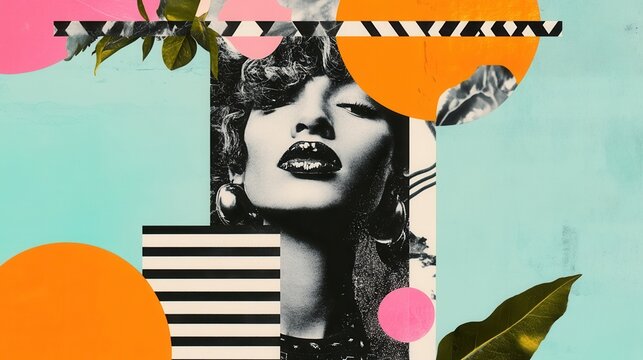 Fashion illustration with vibrant geometric color elements.