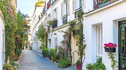 Parisian cobblestone street, flowers, buildings, sunlight, travel guide