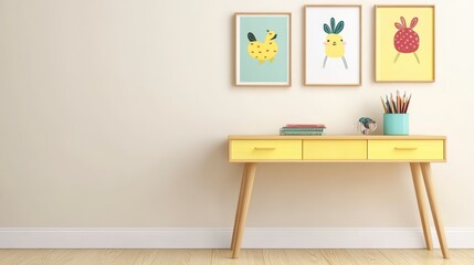 Pastel Yellow Desk with Cartoon Animal Illustrations and Accessories
