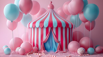 3d rendering of colorful circus tent with balloons