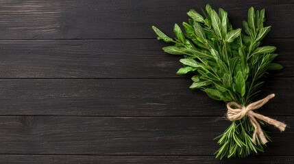 Fresh herbs on dark wood, cooking background