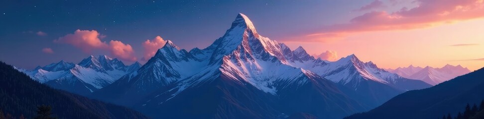 Majestic snow-capped peaks rise above the landscape at dusk, mountain range, stars