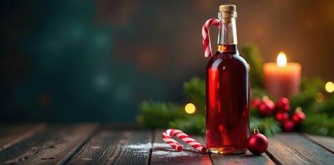 A bottle of wine with Christmas candy cane garnish, holiday, bottle