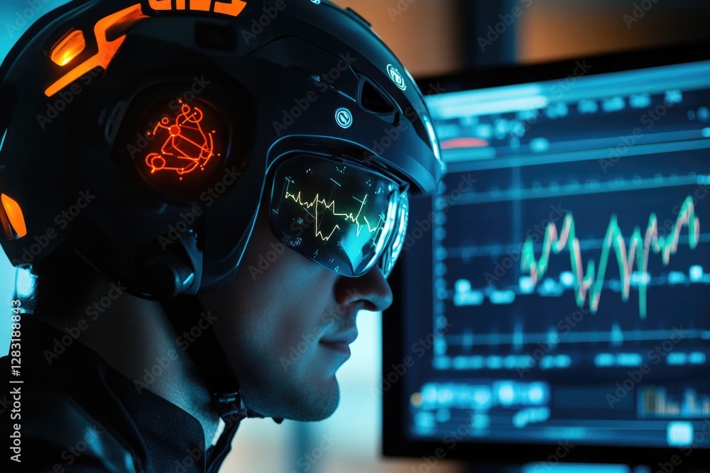 Poster a person wearing a helmet and goggles looks at a computer screen, focused on the display