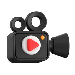 3D video camera with a red play button, designed for media, streaming, and video recording themes. Perfect for digital content, filmmaking, and broadcasting.