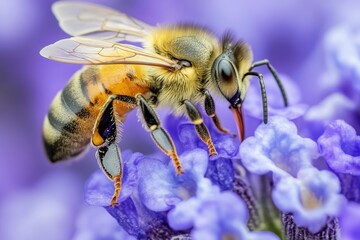 A bee sits on a vibrant purple flower, collecting nectar