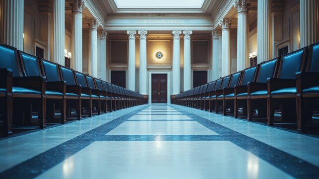 A legislative hall with sleek modern decor and clean lines. Featuring professionalism and clarity