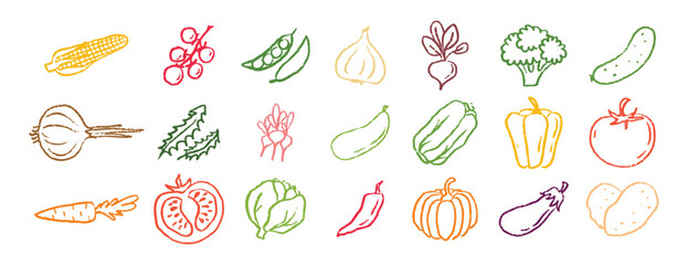 Vegetables icons chalk hand drawn doodle set. Drawing crayon vegetables 