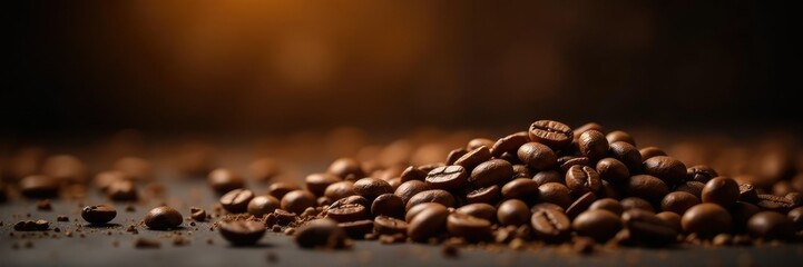Richly colored coffee beans against warm ambient light, dark backdrop, ambiance