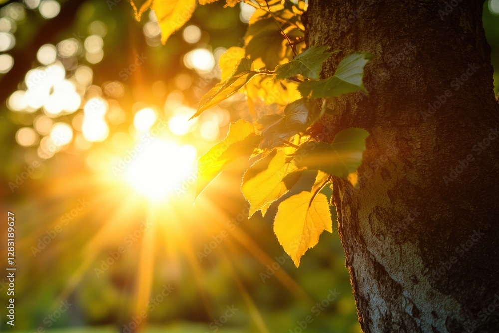 Poster sunlight filters through green leaves on a tree at sunset in a serene outdoor setting. generative ai