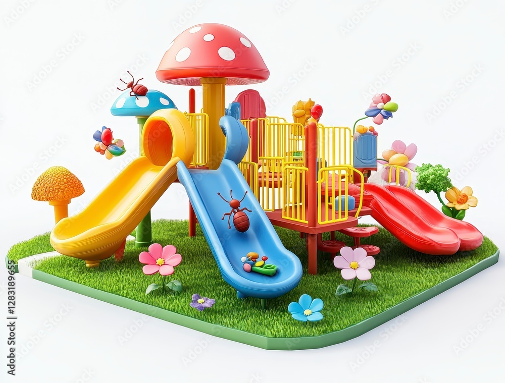 Fototapete playground 3d rendering with mushroom structures slides and grassy terrain on white