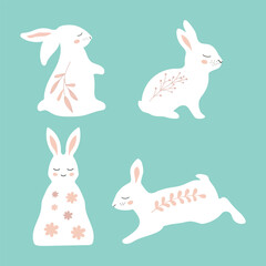 Set of cute vector bunny decorated with floral elements